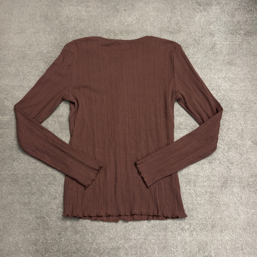 Faherty Paradise Pointelle Long Sleeve Henley Top Chocolate Brown - Picture 4 of 9